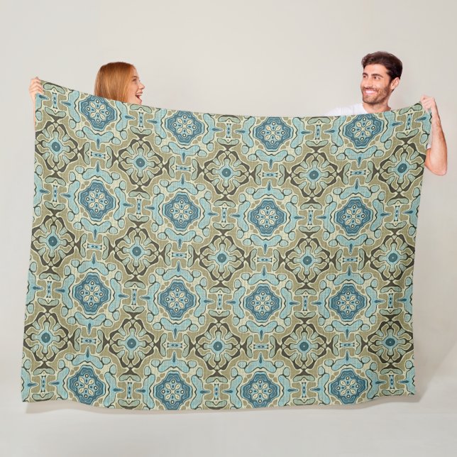 Green Grey Teal Blue Ochre Hip Bohemian Bali Art Fleece Blanket (In Situ)