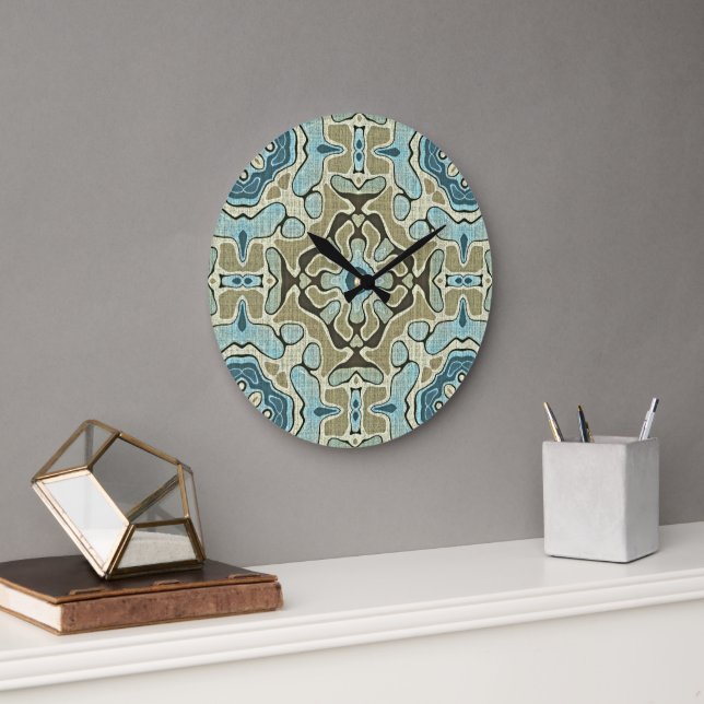 Green Grey Teal Blue Ochre Hip Bohemian Bali Art Large Clock (Office)