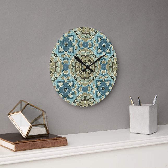 Green Grey Teal Blue Ochre Hip Bohemian Bali Art Large Clock (Office)