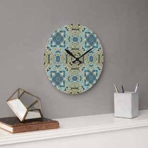 Green Grey Teal Blue Ochre Hip Bohemian Bali Art Large Clock