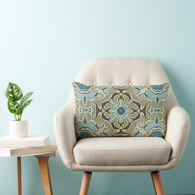 Green Grey Teal Blue Ochre Hip Bohemian Bali Art Lumbar Cushion (Chair)