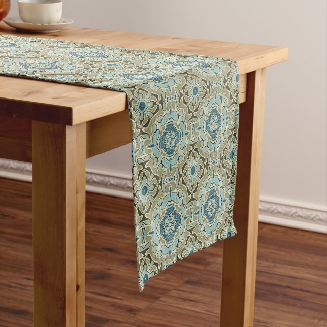 Green Grey Teal Blue Ochre Hip Bohemian Bali Art Short Table Runner (In Situ)