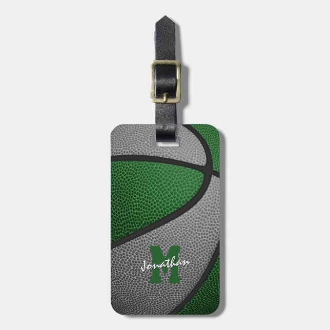 green grey team colours monogrammed basketball luggage tag (Front Vertical)
