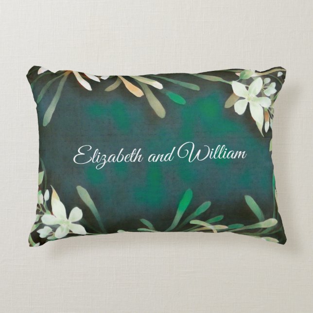 Green grey tropical plants customisable text decorative cushion (Front)