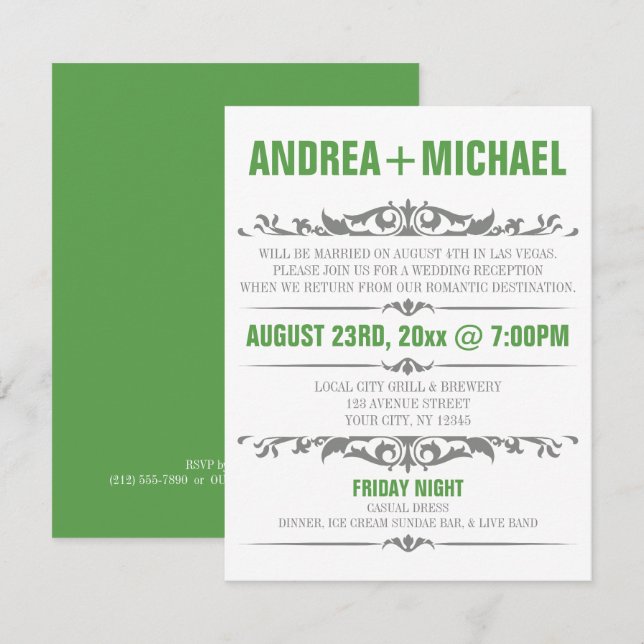 Green & Grey Wedding Reception ONLY Invitations (Front/Back)