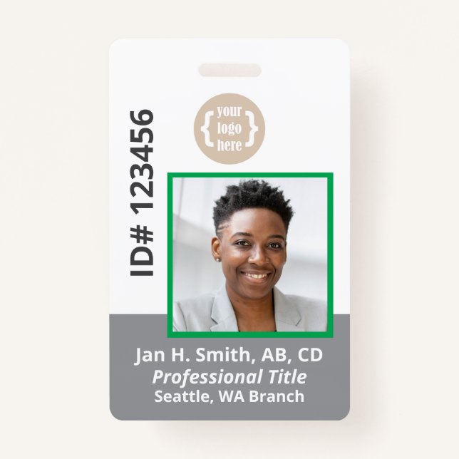 Green Grey White Employee Photo ID Card ID Badge (Front)