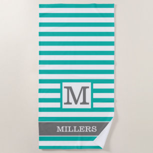 Green Grey White Striped Family Name Monogrammed Beach Towel