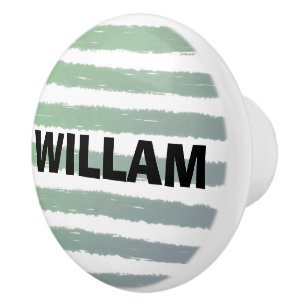 Green Grey White Watercolor Stripes Name Ceramic Knob