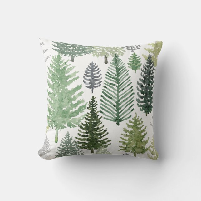 Green Grey Winter Pine Trees Holiday Throw Pillow (Front)