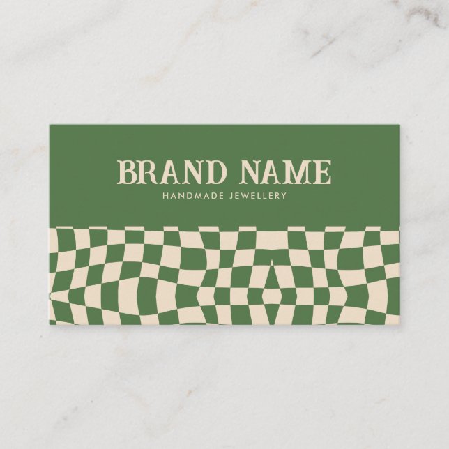 Green Groovy Checkerboard Retro Bold Fun Business Card (Front)