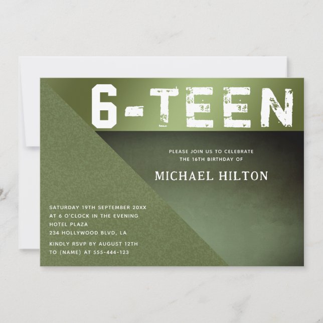 Green grudge colour block boy sweet sixteen invitation (Front)