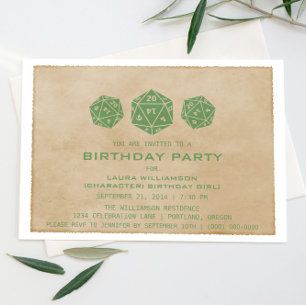 Green Grunge D20 Dice Gamer Birthday Party Invite