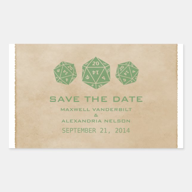 Green Grunge D20 Dice Gamer Save the Date Stickers (Front)