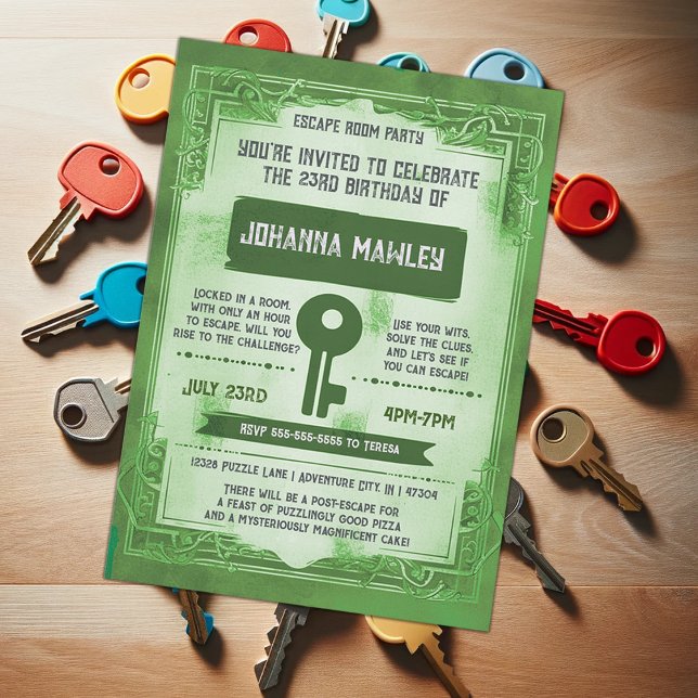 Green Grunge Escape Room Key Birthday Party  Invitation (Creator Uploaded)