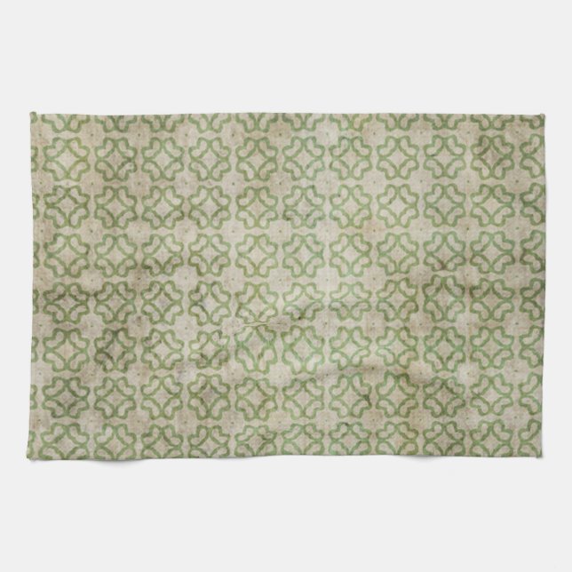 Green Grunge Flower Pattern Tea Towel (Horizontal)