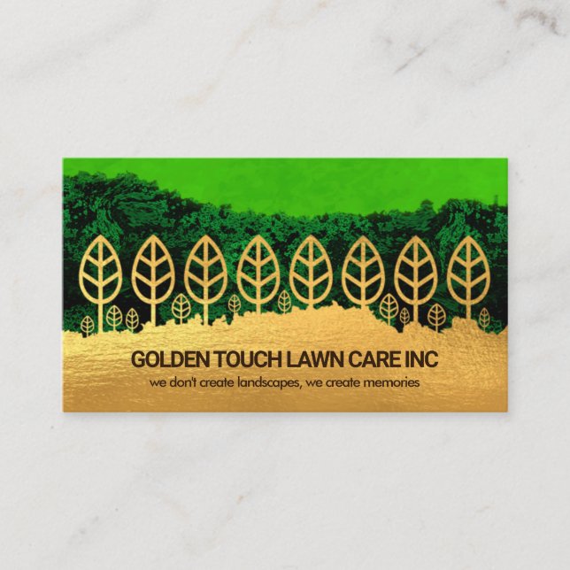 Green Grunge Forest Gold Tree Layer Lawn Care Business Card (Front)