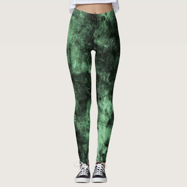 Green Grunge Textured Spandex Leggings (Front)