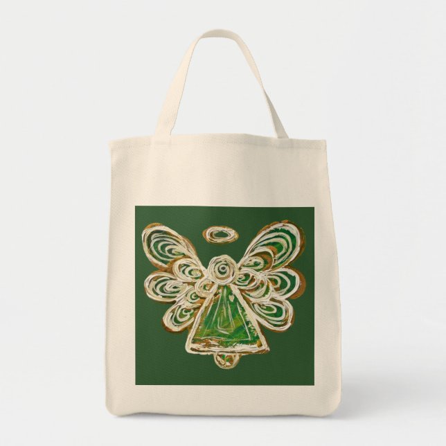 Green Guardian Angel Christmas Holiday Tote Bags (Front)