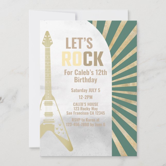 Green Guitar Rock and Roll Rockstar Birthday Invitation (Front)