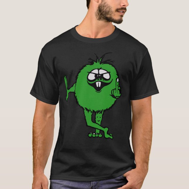 Green Guy Flips Bird - 70S Retro  T-Shirt (Front)