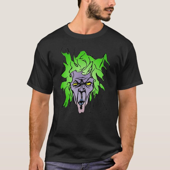 Green Hair Comic Book Villain with Purple Skin T-Shirt (Front)