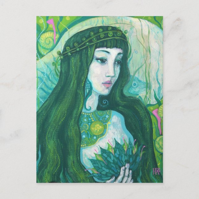 Green Hair Mermaid Underwater Fantasy Surreal Art Postcard (Front)