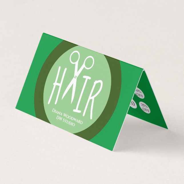 Green Hairdressers Folded Business Loyalty Card (Front)