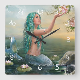 green haired mermaid square wall clock