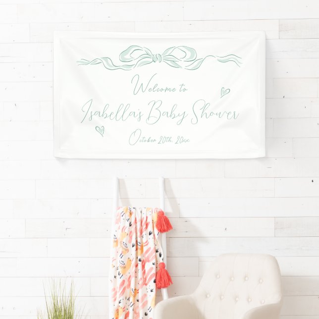 Green Hand Drawn Bow Baby Shower Welcome  Banner (Insitu)
