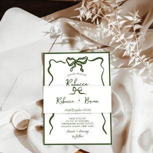 Green Hand Drawn Bow Ribbon Sketch Wedding Invitation Belly Band