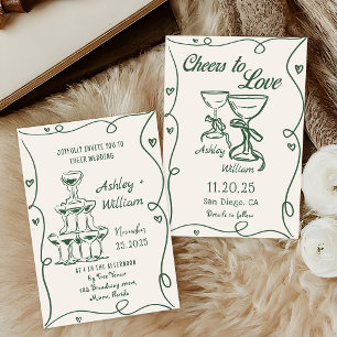 Green Hand Drawn Cheers to Love Wedding Invitation