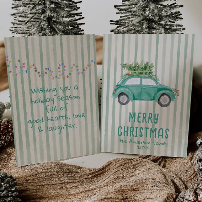 Green Hand Drawn Christmas Car Tree Non-Photo Holiday Card (Creator Uploaded)