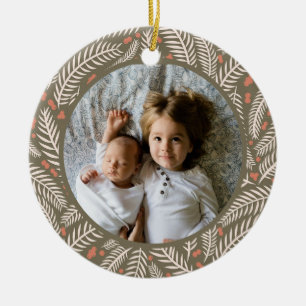 Green Hand-drawn Christmas Pine Tree Leaf Photo Ceramic Tree Decoration