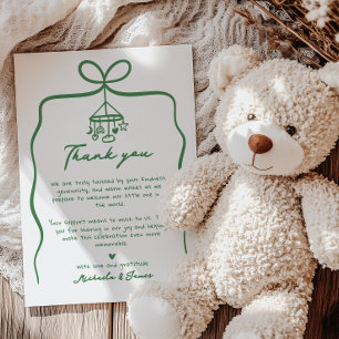 Green Hand Drawn Doodle Bow Whimsical Baby Shower Thank You Card