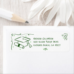 Green Hand Drawn Doodle Graduate Cap White Address
