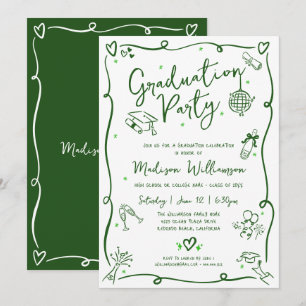 Green Hand Drawn Doodle Graduation Fun White Party Invitation