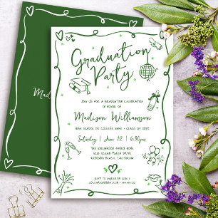 Green Hand Drawn Doodle Graduation Fun White Party Invitation