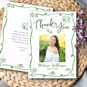 Green Hand Drawn Doodle Photo Graduate White Retro Thank You Card