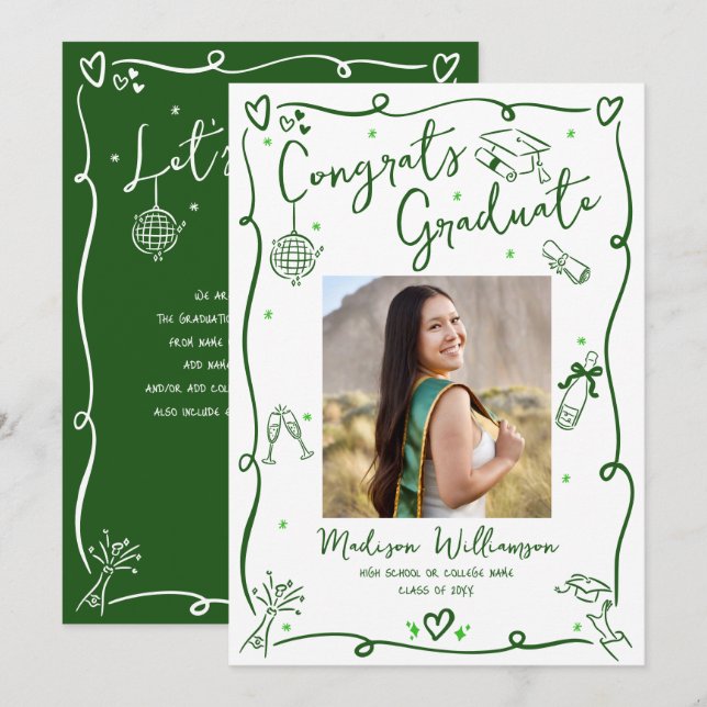 Green Hand Drawn Doodles Graduate Photo White Fun Announcement (Front/Back)