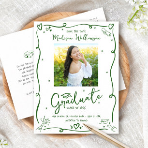 Green Hand Drawn Doodles Graduation Photo White Invitation Postcard