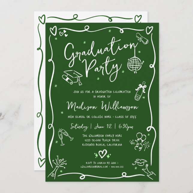 Green Hand Drawn Doodles Style Graduation Party Invitation (Front/Back)