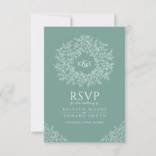 Green hand drawn leaf monogram RSVP wedding Card