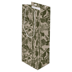 Green hand drawn line tropical leaves and flowers. wine gift bag