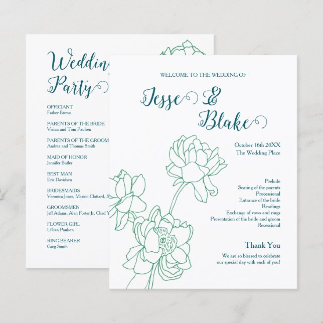 Green Hand Drawn Peony Flowers Wedding (Front/Back)