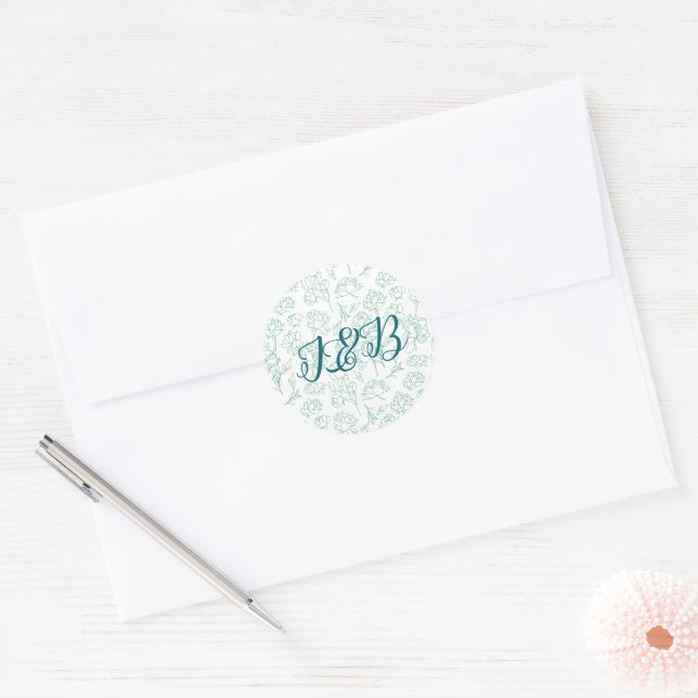 Green Hand Drawn Peony Flowers Wedding Classic Round Sticker (Envelope)