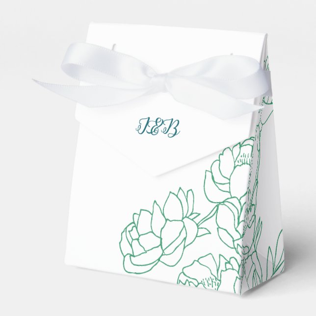 Green Hand Drawn Peony Flowers Wedding Favour Box (Front Side)