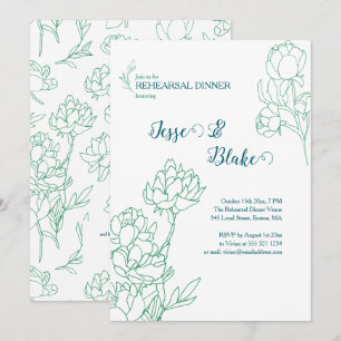 Green Hand Drawn Peony Flowers Wedding Invitation