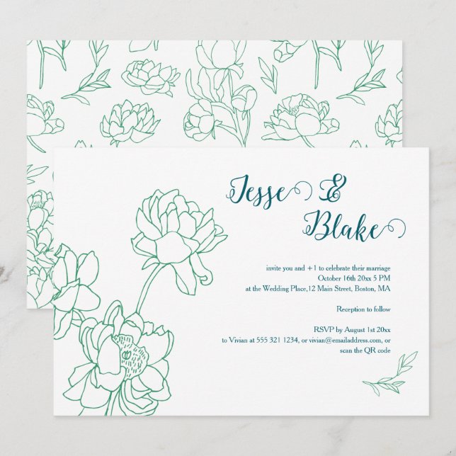 Green Hand Drawn Peony Flowers Wedding Invitation (Front/Back)