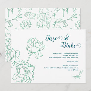 Green Hand Drawn Peony Flowers Wedding Invitation