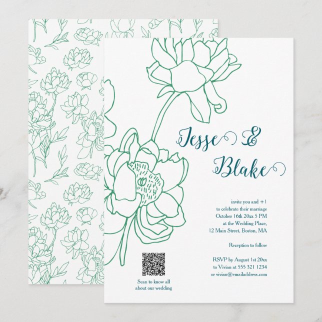 Green Hand Drawn Peony Flowers Wedding Invitation (Front/Back)
